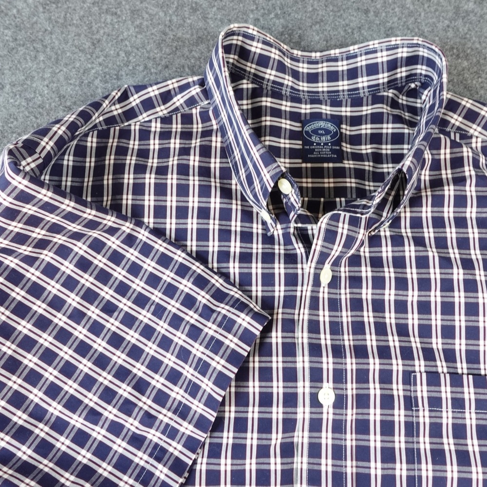 Brooks Brothers Mens 1XL Short Sleeve Non-Iron Plaid Button Down Shirt Navy Blue